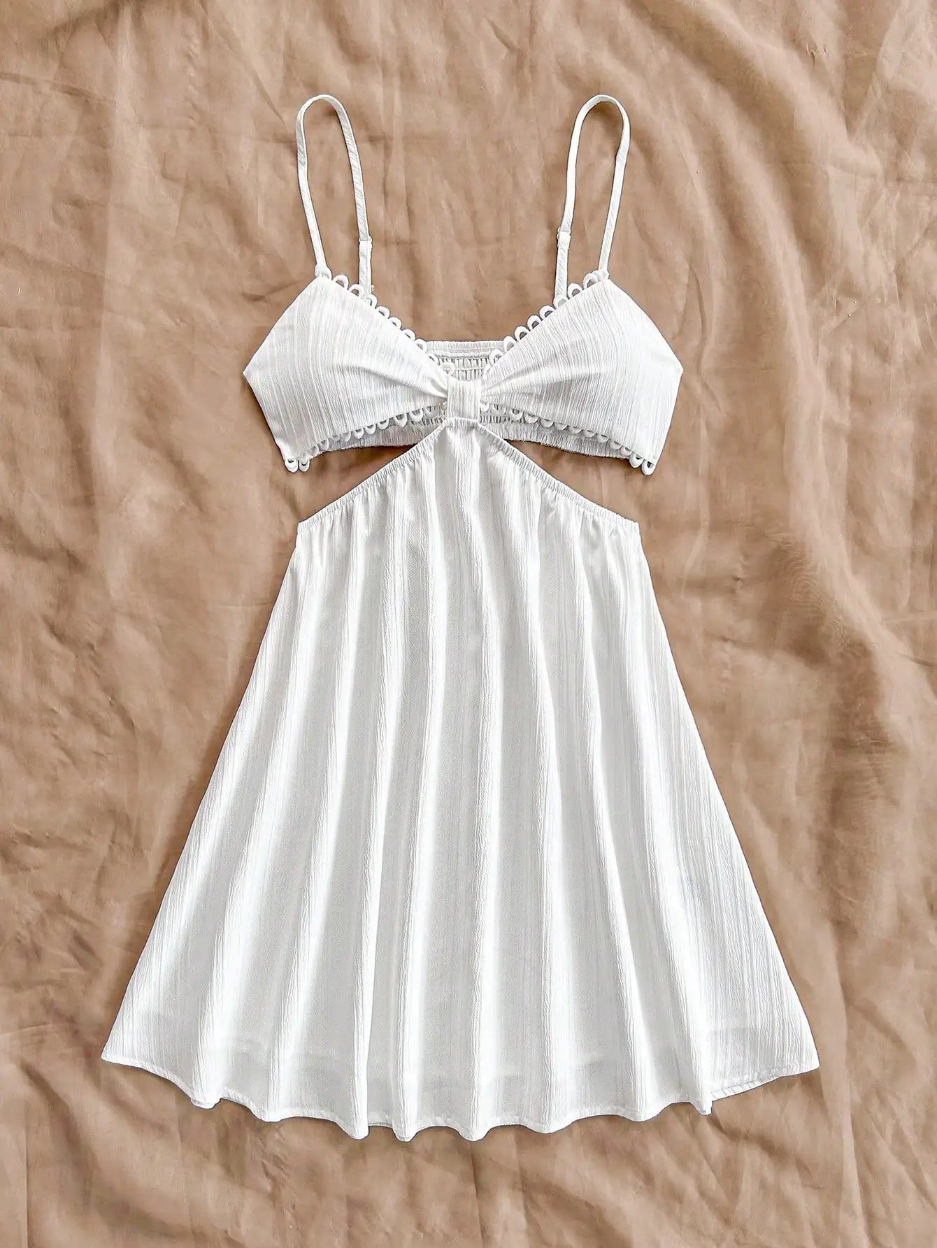White V-Neck Strappy Hollow Waist Summer Dress for Women, Beach Vacation Style
