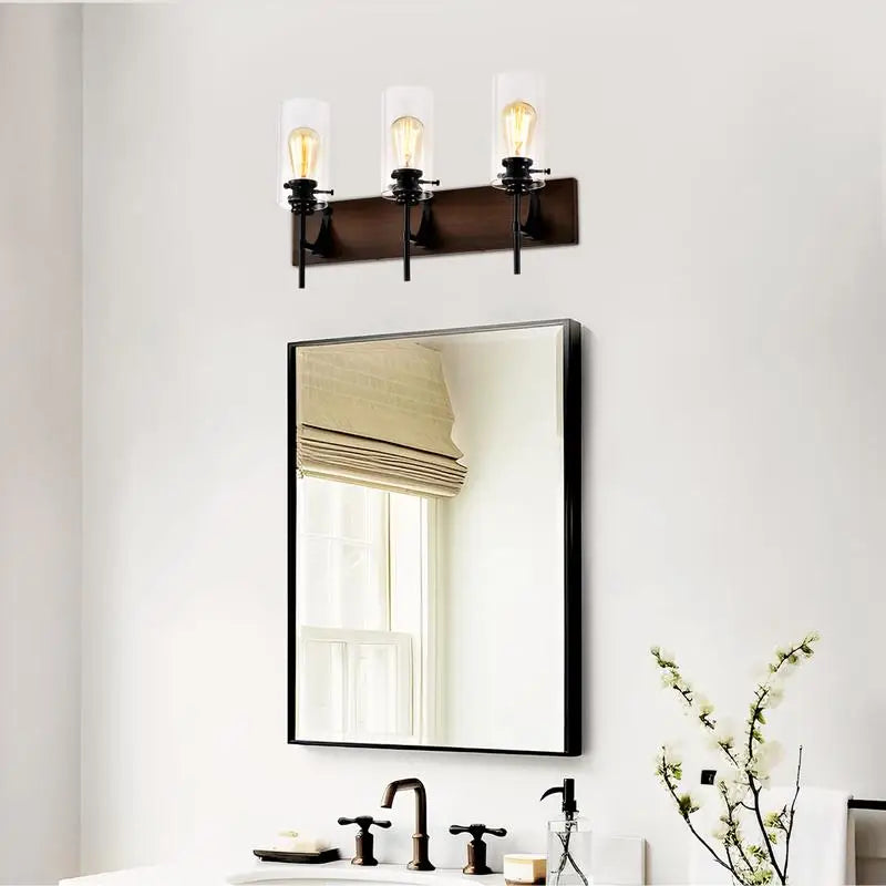 3-Light Matte Black and Wood Vanity Light Fixture, Modern Bathroom Lighting with Glass Shade for Mirror, Kitchen, Dining Room,