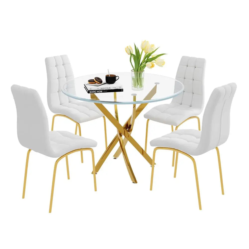 Glass Dining Table Set, Round Kitchen Table Set for 4 with Gold Glass Table and 4 White Faux Leather Upholstered Dining Chair fo