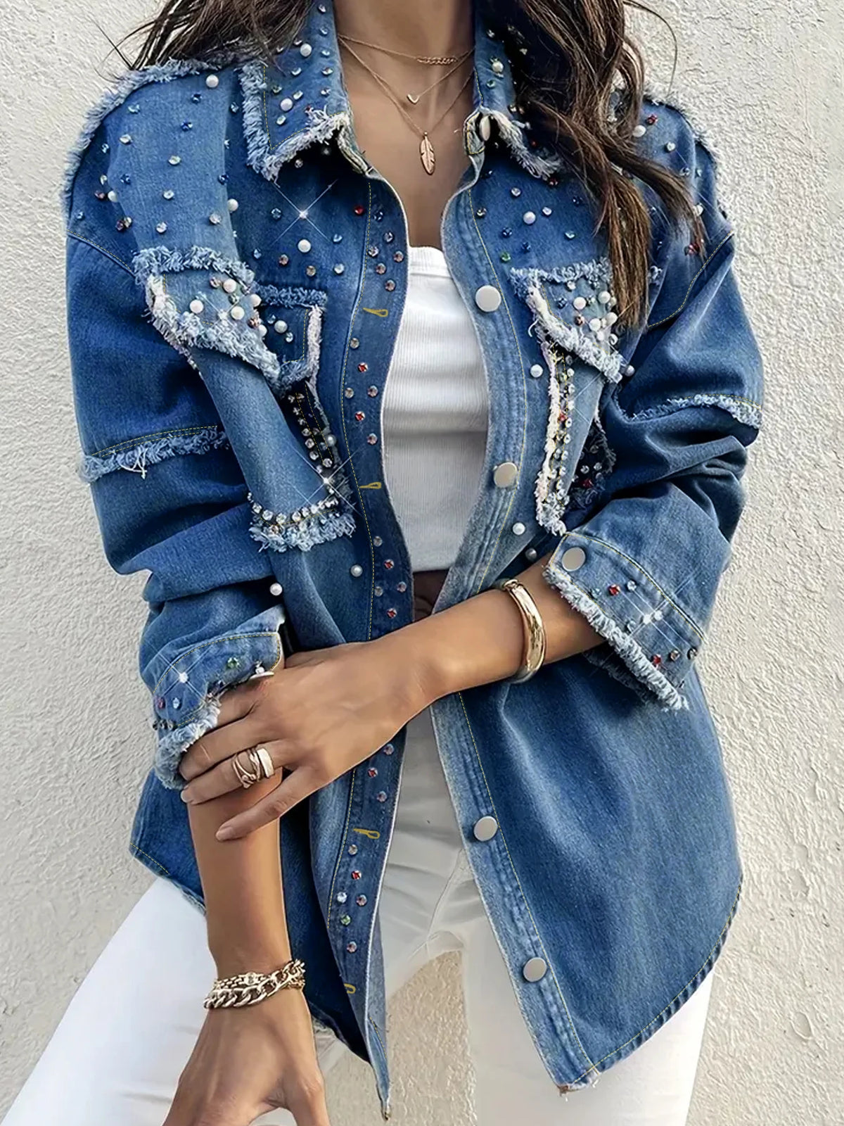 plus Size Women's Loose Denim Jacket with Rhinestone And Pearl Design Casual Washed Large Size Women's Denim Jacket