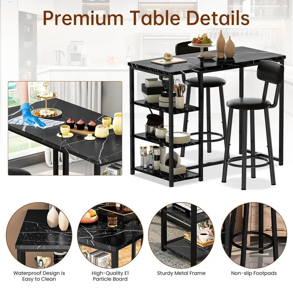 Dining Table Set for 2, Bar Table and Chairs Set with 3 Storage Shelves, Tall Dining with 2 PU Leather Backrest Stools for Small