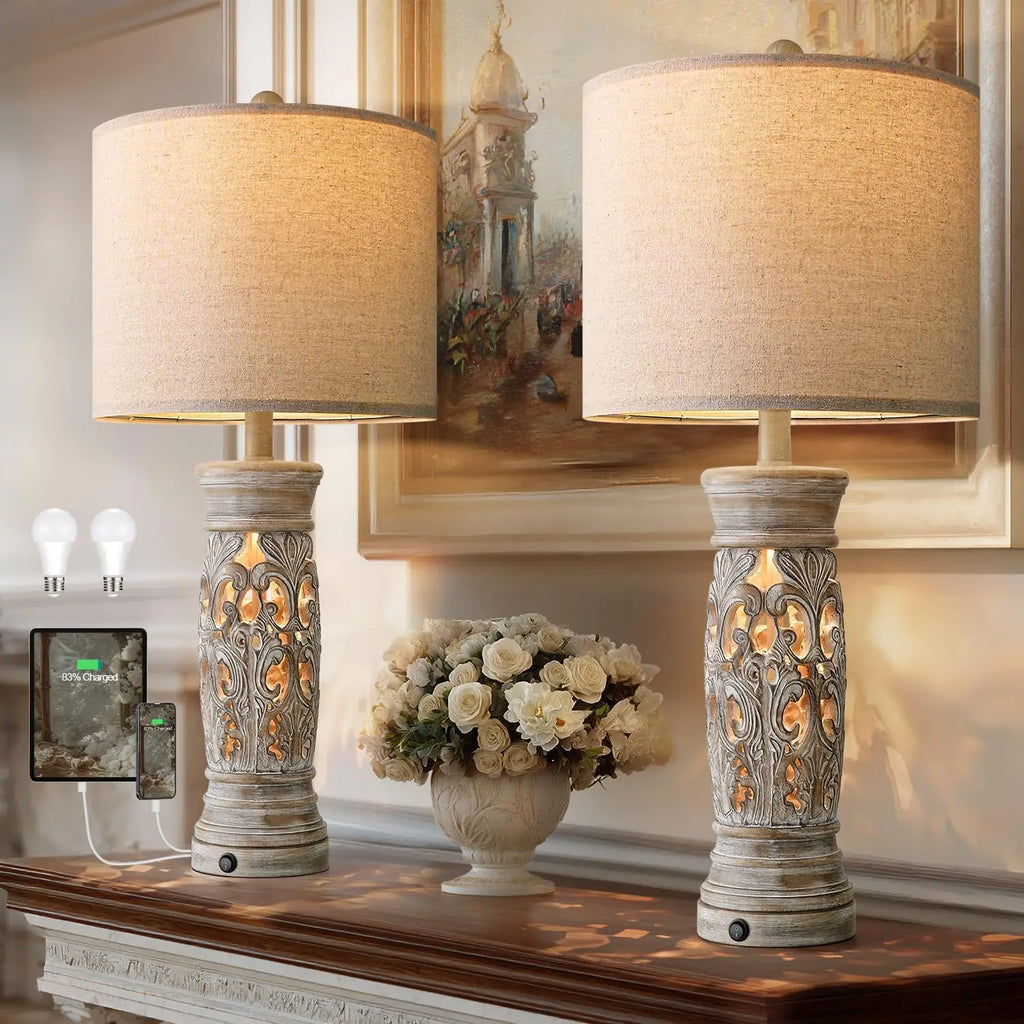 27.25" Rustic Farmhouse Table Lamps Set of 2 - Vintage Bedside Lamps with Night Light & USB Ports, Bulbs Included