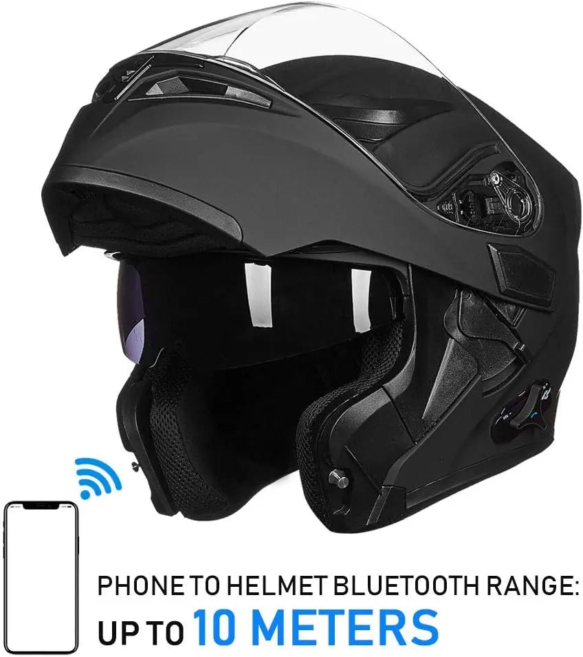 Modular Bluetooth Motorcycle Helmet with Flip-Up Full Face, Dual Visor, MP3 Intercom & FM Radio - Matte Black Large