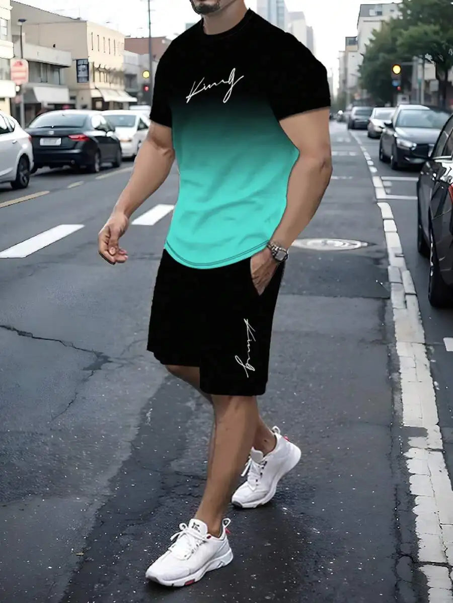 Men's Ombre Gradient Print Short Sleeve Tee & Drawstring Shorts Set