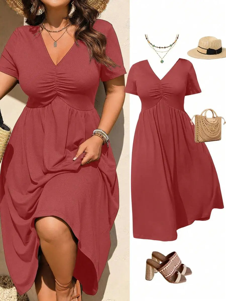 Black V-Neck Ruched Short Sleeve A-Line Midi Dress for Women