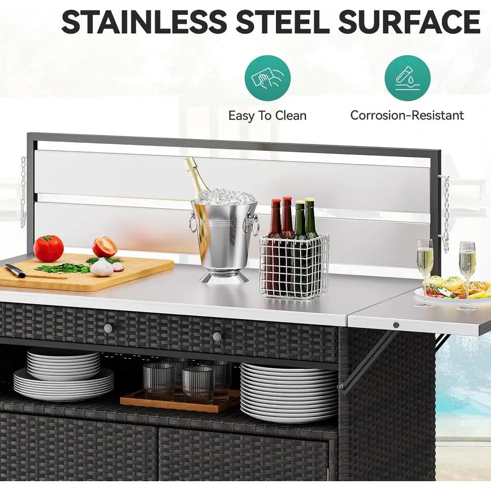 Outdoor Kitchen Island with Bar Table, Storage Cabinet, Stainless Steel Top, Wheels, and Side Handle in Brown