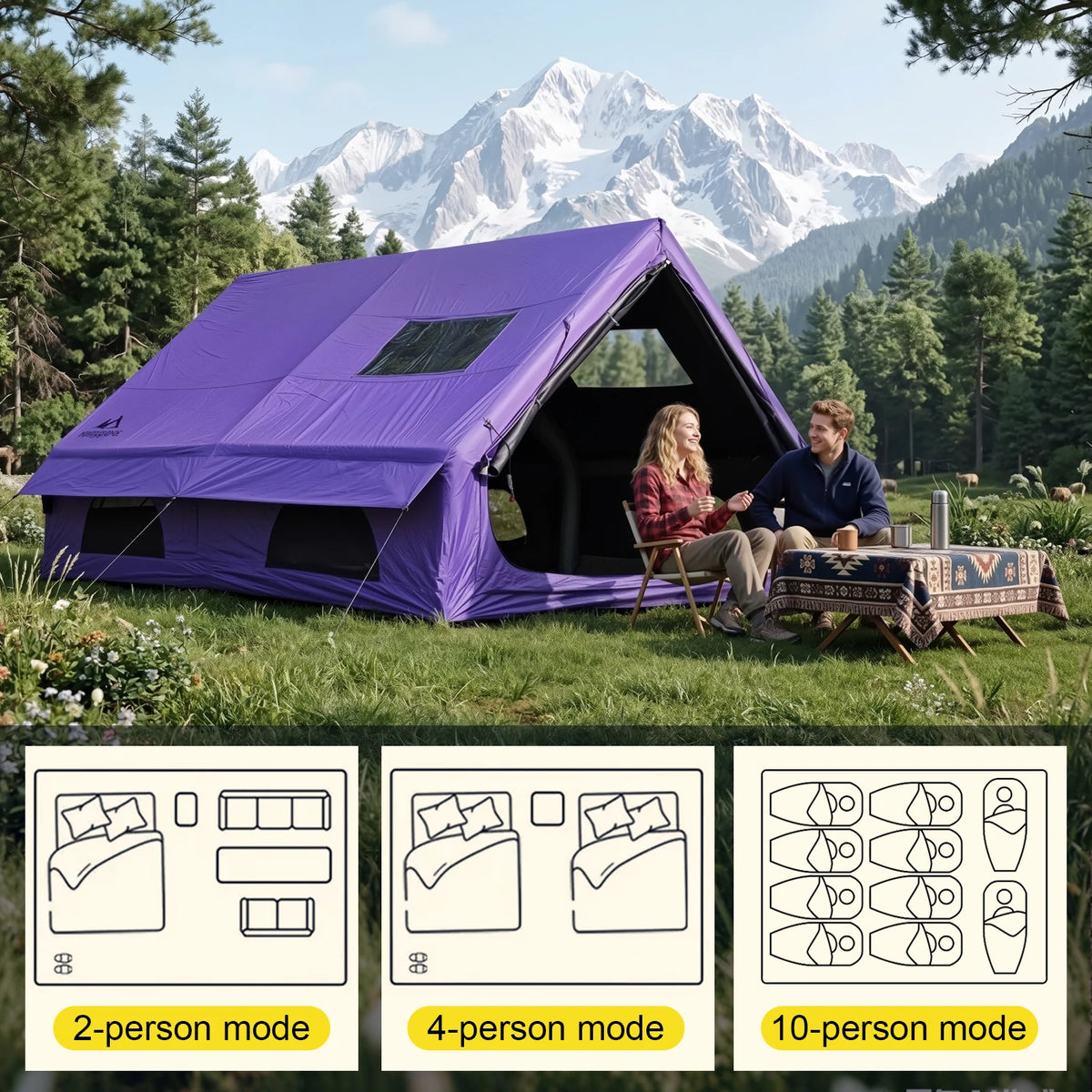 129 Sq Ft Large Inflatable Camping Tent Waterproof Oxford Air Tent House with Hand Pump 4 Season Sunproof Glamping Family Tent