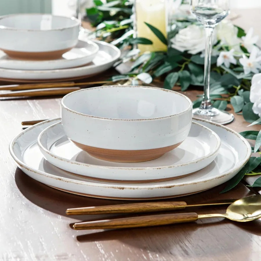 24 Pieces Ceramic Dinnerware Sets for 8 Handpainted Stoneware Plates and Bowls Set with Rustic Terracotta Underside Scratch Res