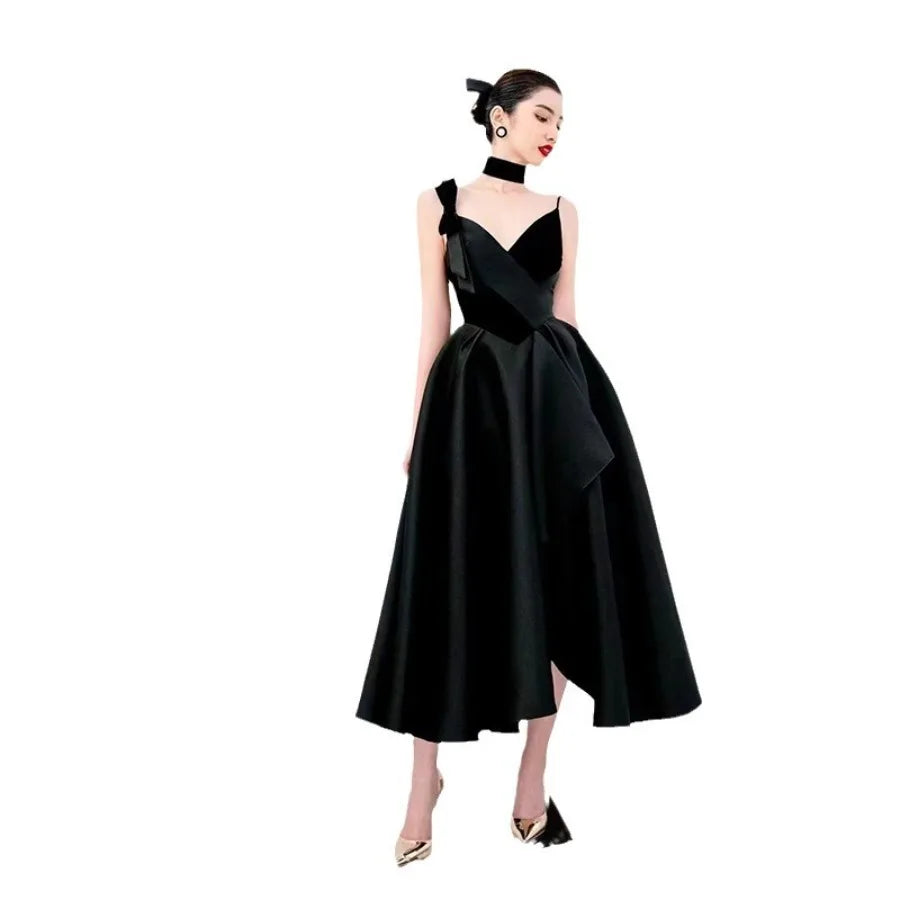 【New style】24 spring new product V-neck bow sexy goddess irregular waist slimming suspender party dress