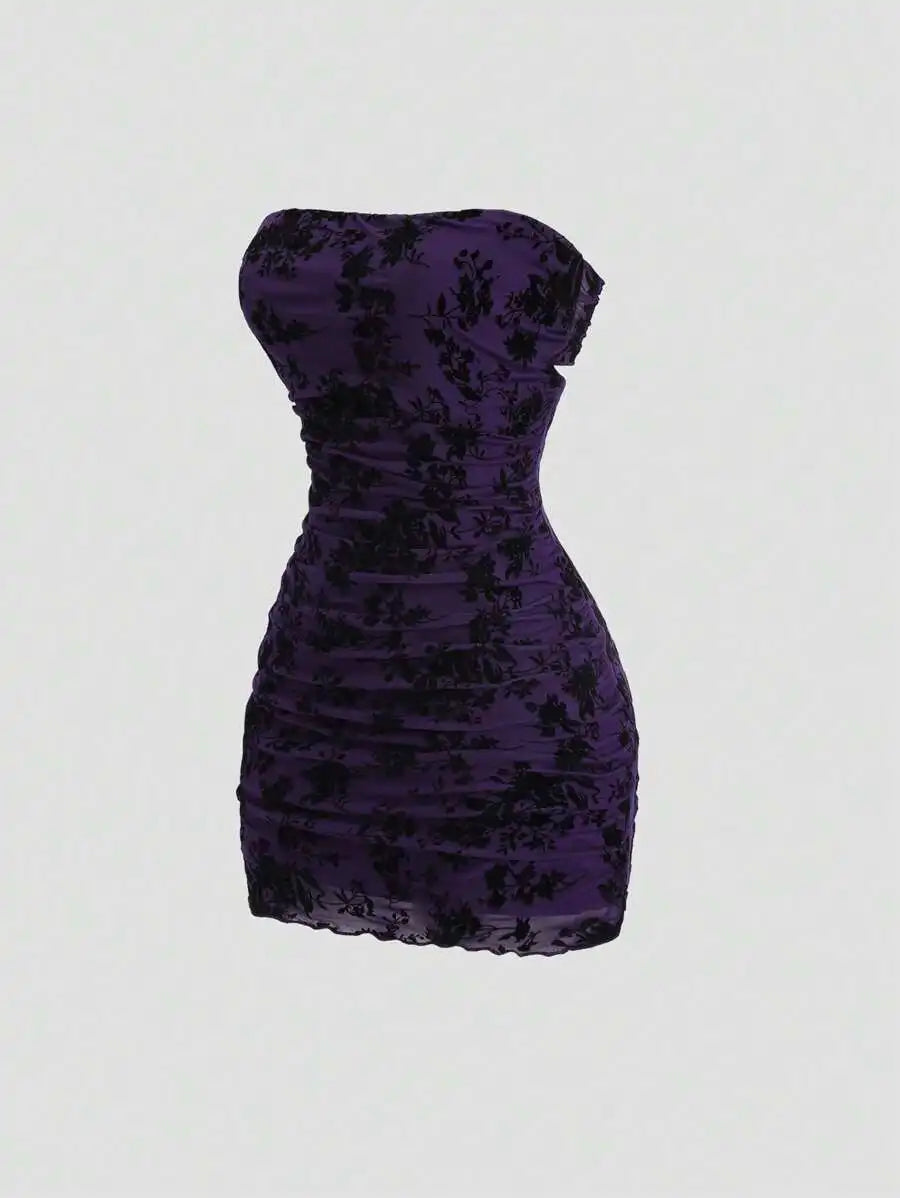 Black Velvet Floral Print Strapless Ruched Mini Dress for Women