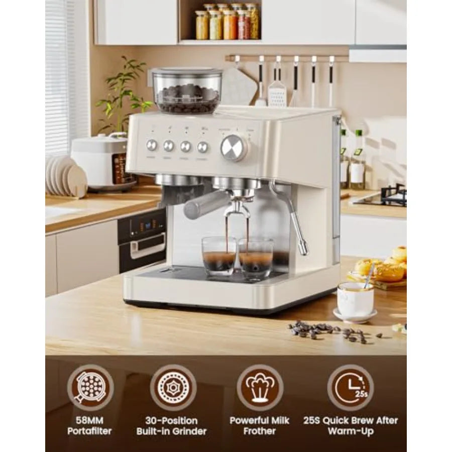 20 Bar Espresso Machine with Built-in Anti-Clog Coffee Grinder for Lattes White Espresso Maker with Milk Steam Wand Frother Tam