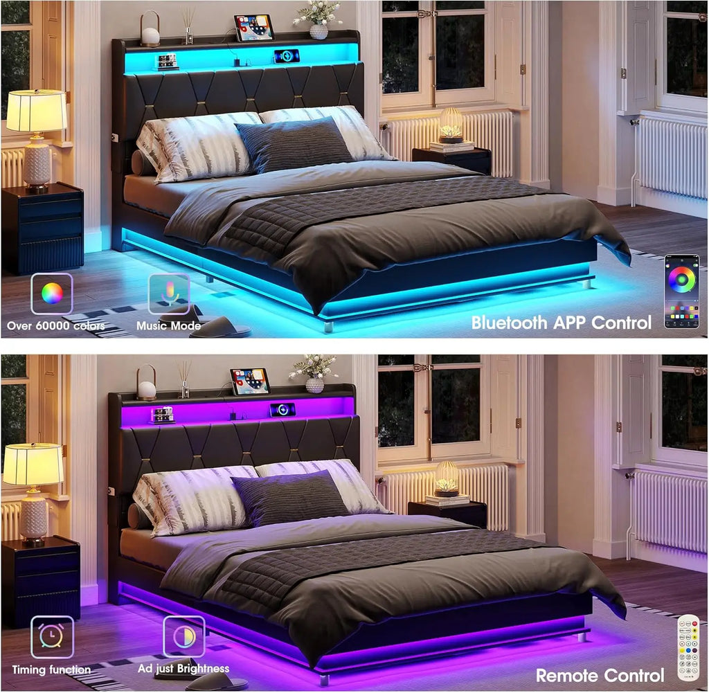 Queen Size Lift-Up Storage Bed Frame with LED Lights, Charging Station & Noise-Free Design