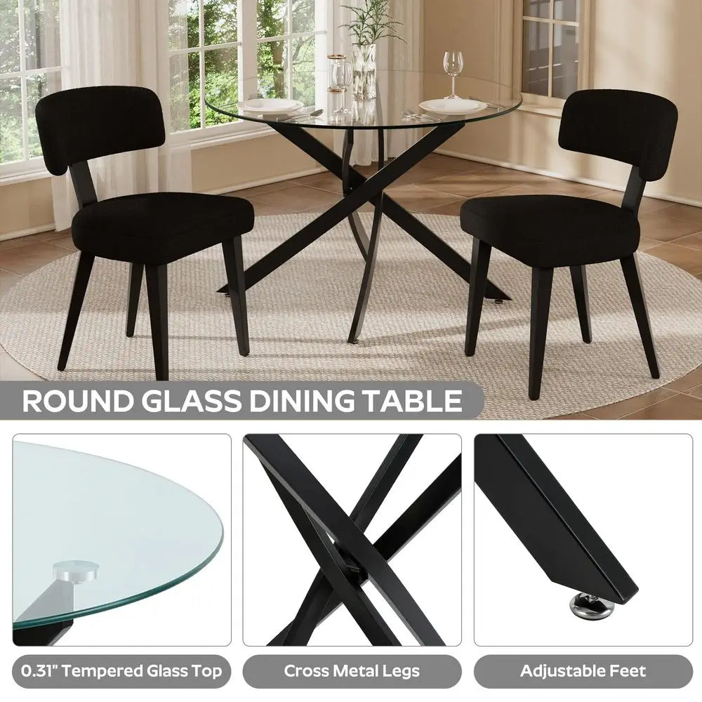 Dining Table Set for 2, 36 Round Kitchen Table with 2 Teddy Boucle Dining Chairs, Tempered Glass Top with Metal LegsAll Black