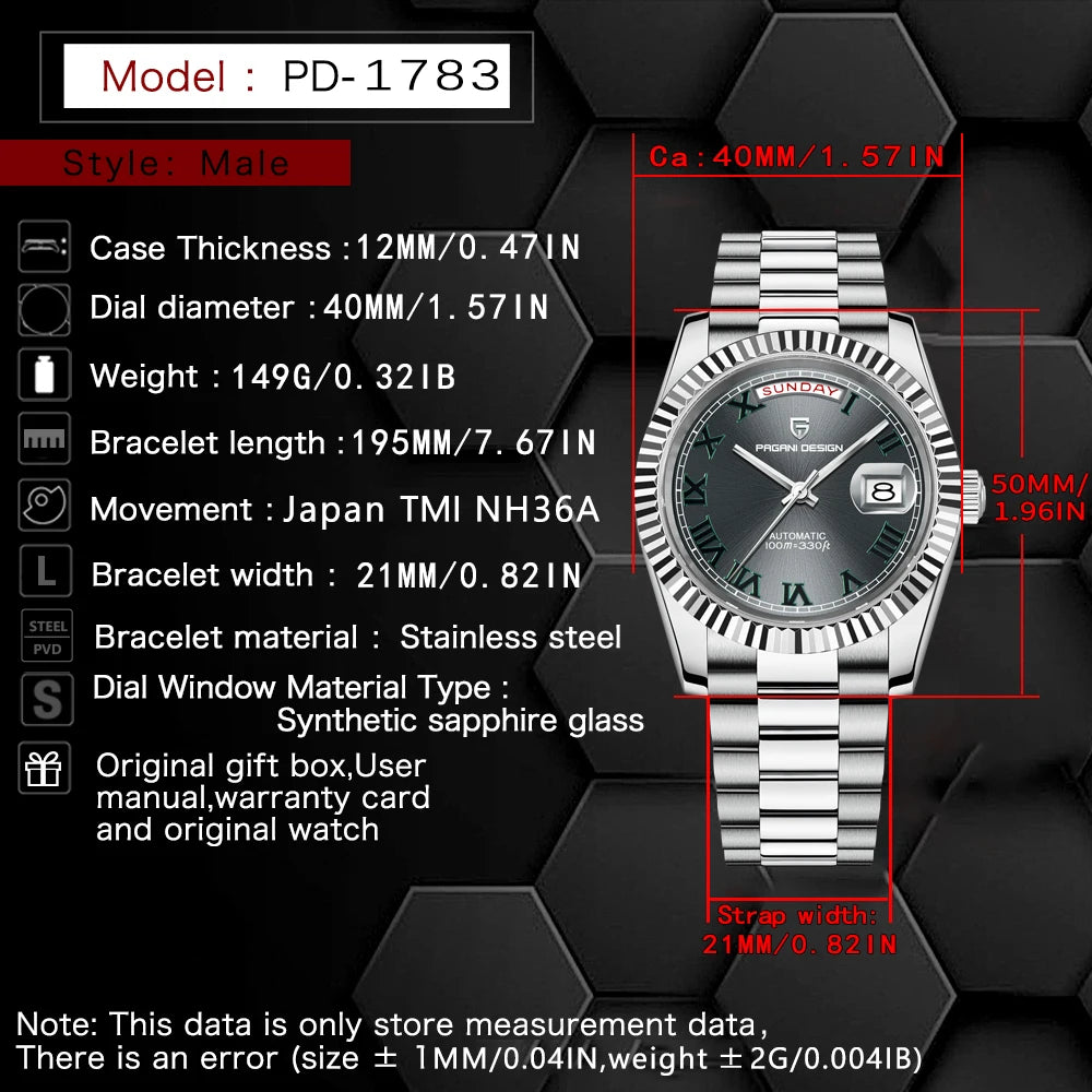 PAGANI DESIGN DD40 Business Date Week Luxury Automatic Watches Men TMI NH36A AR Sapphire crystal Mechanical Wristwatch For Men