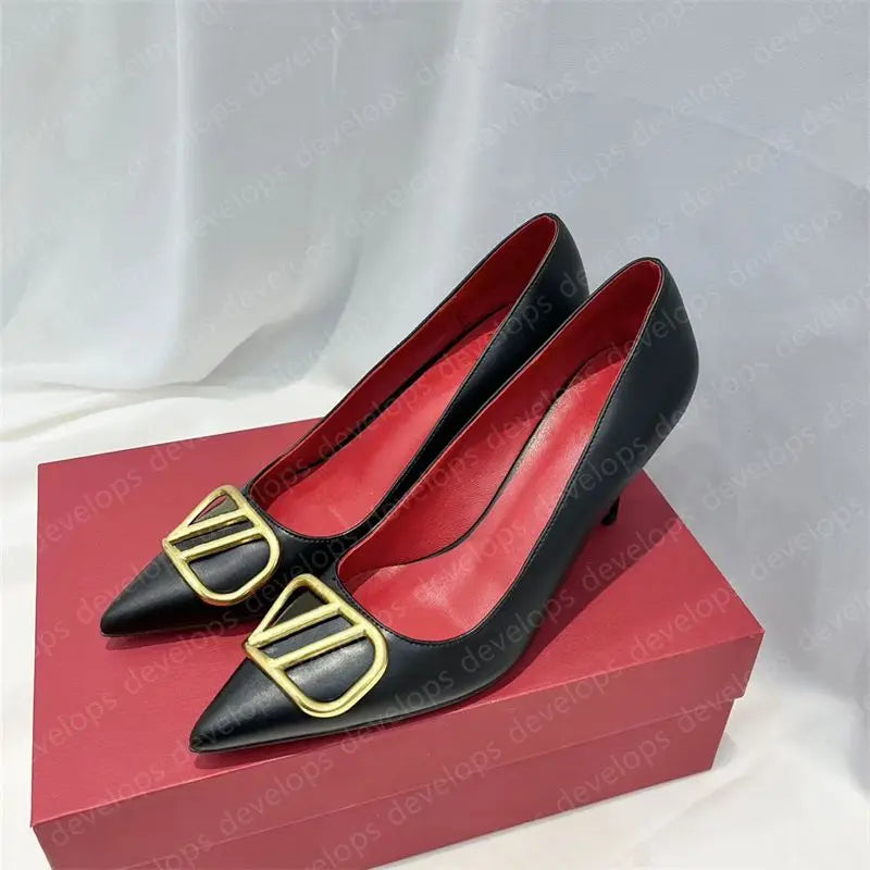 High heels designer sandals classics metal buckle pointed toe thin heel summer valentinolies luxurys brand genuine leather woman