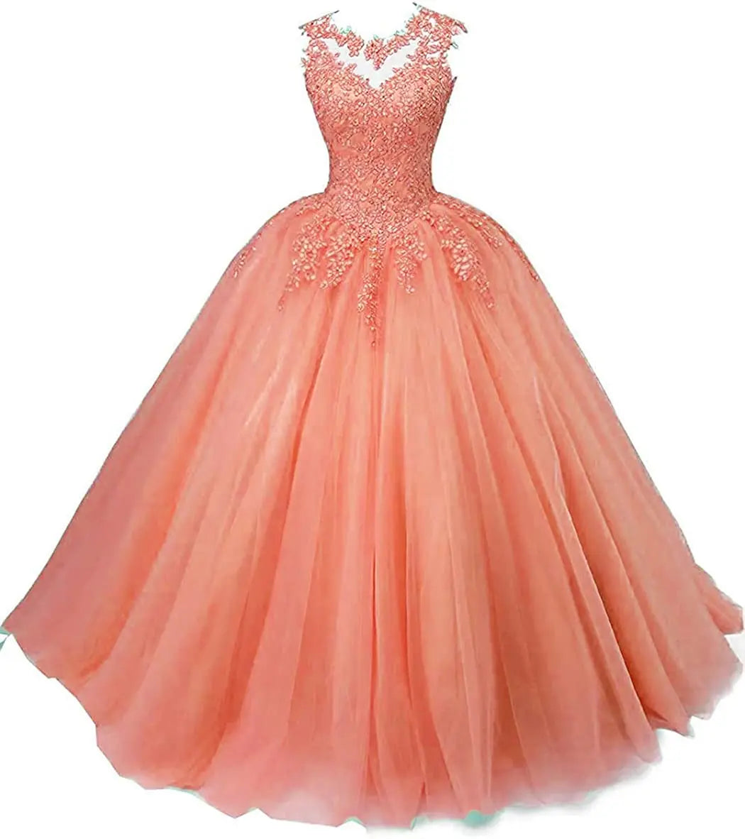 Women's Beaded Appliques Prom Dress Long Ball Gown Quinceanera Dresses Tulle Formal Sweet 16 Dress for Teens