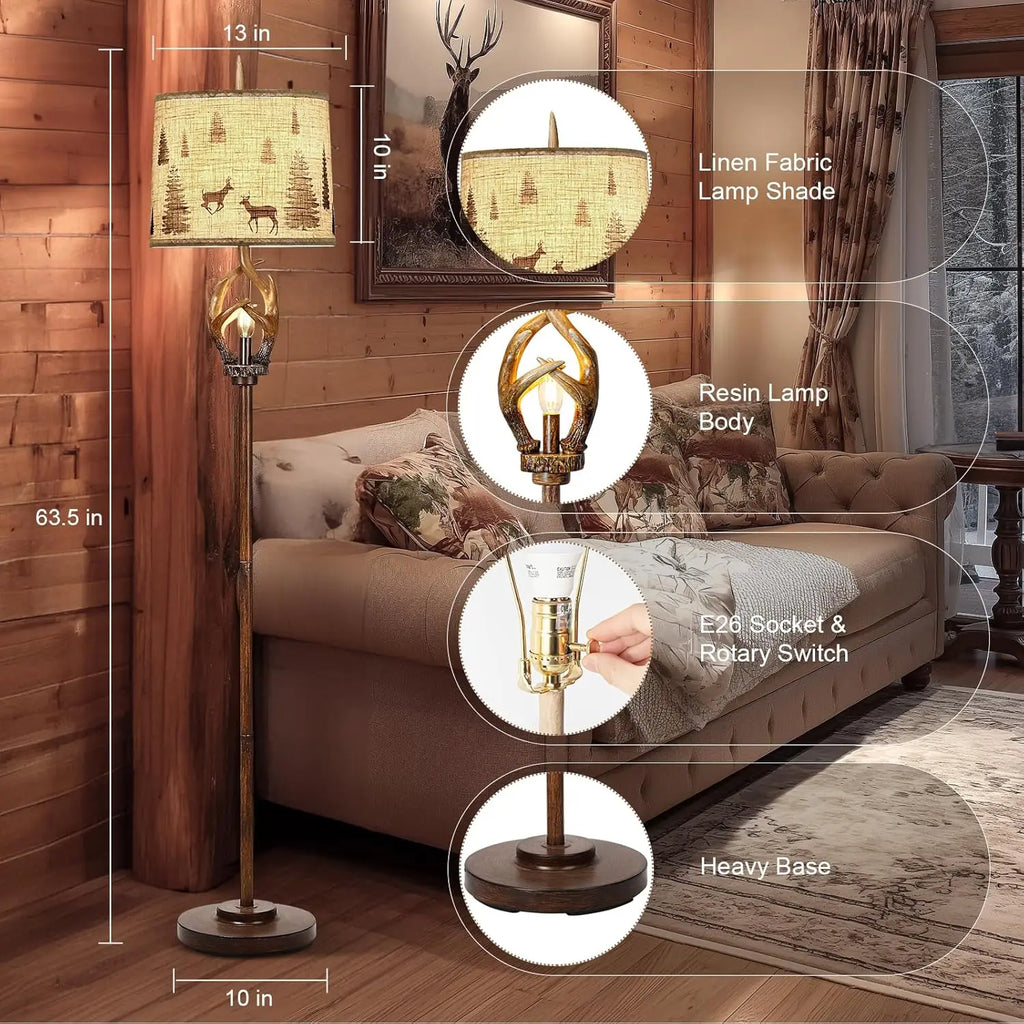 Rustic Antlers Floor Lamp with Nightlight, Brown Finish Round Shade for Living Room Bedroom Office