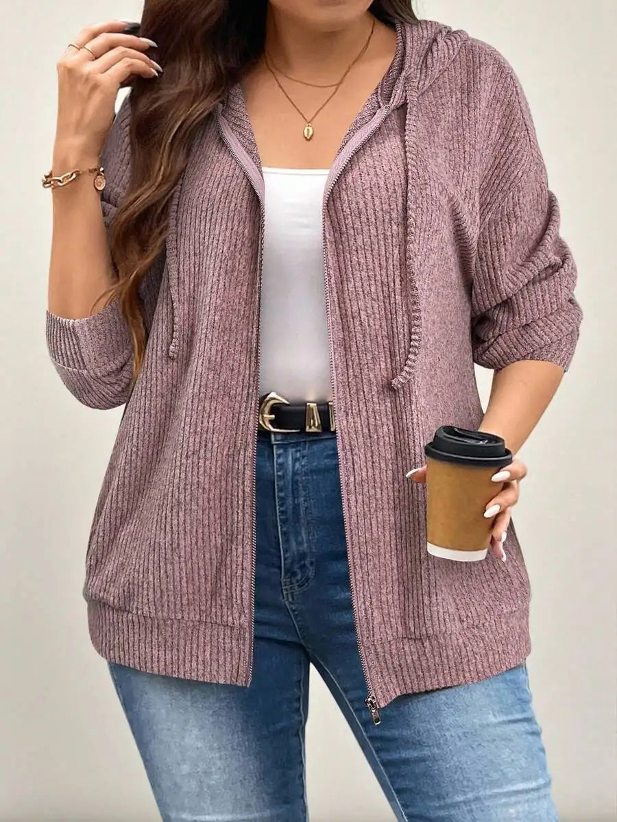Gray Ribbed Drop Shoulder Zip-Up Hoodie with Drawstring for Spring Fall Casual Wear