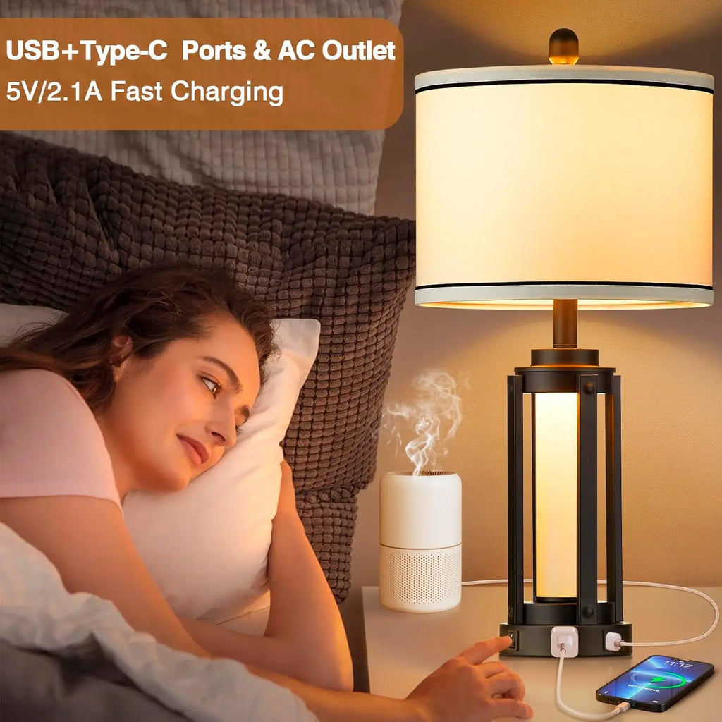 Modern Table Lamps Set of 2 with USB A+C Charging Ports & AC Outlet, Nightstand Lamp for Living Room Bedroom Decor