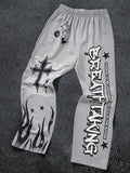 Gray Youth Streetwear Joggers with Gothic Cross & Flame Print
