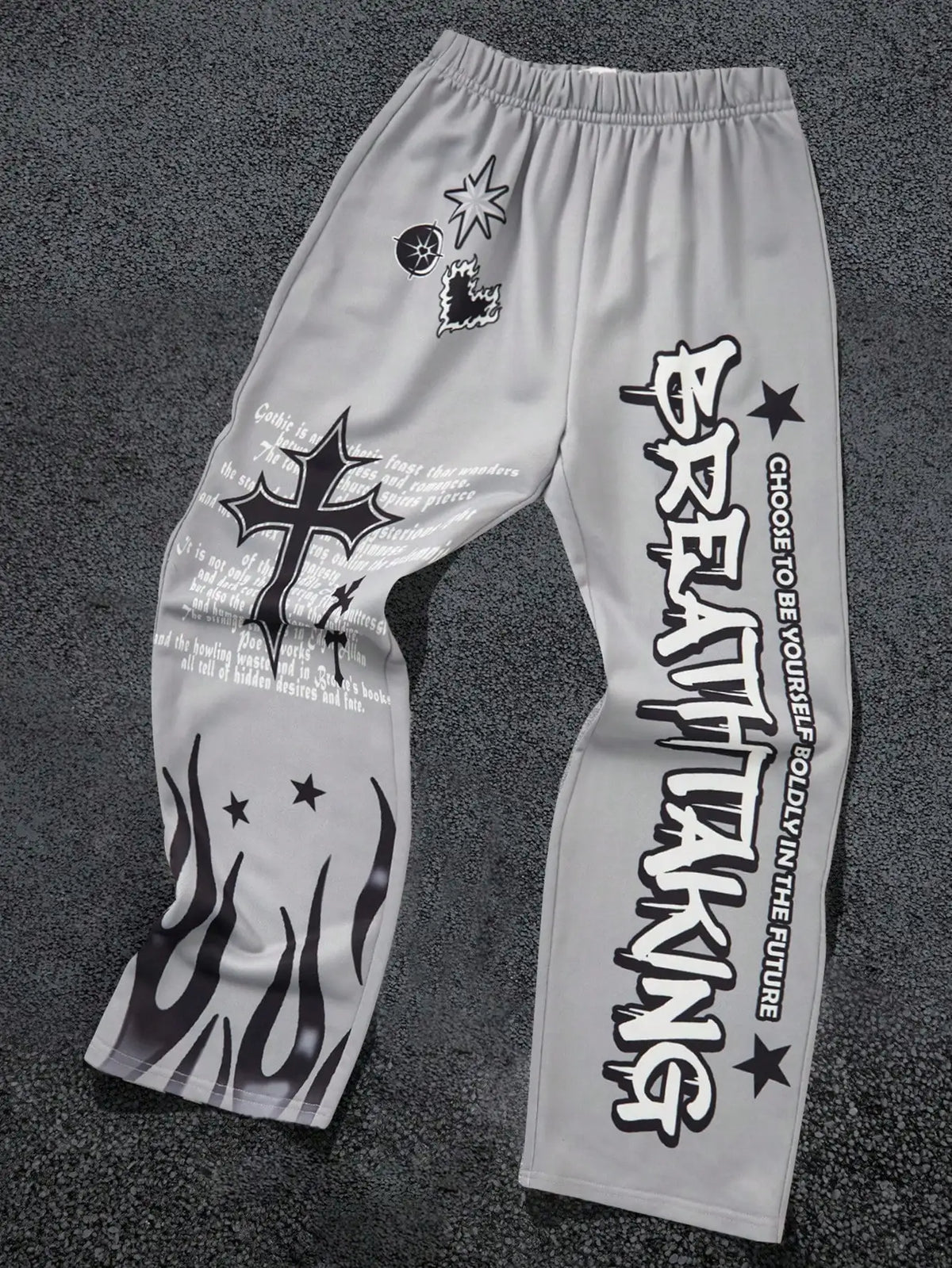 Gray Youth Streetwear Joggers with Gothic Cross & Flame Print