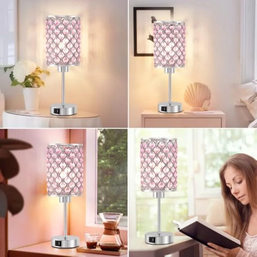Crystal Table Lamp Touch Lamp with USB C+A Ports Dimmable Lamp with Crystal Shade Bedside Lamp Small Lamp for Girl Bedroom Livi