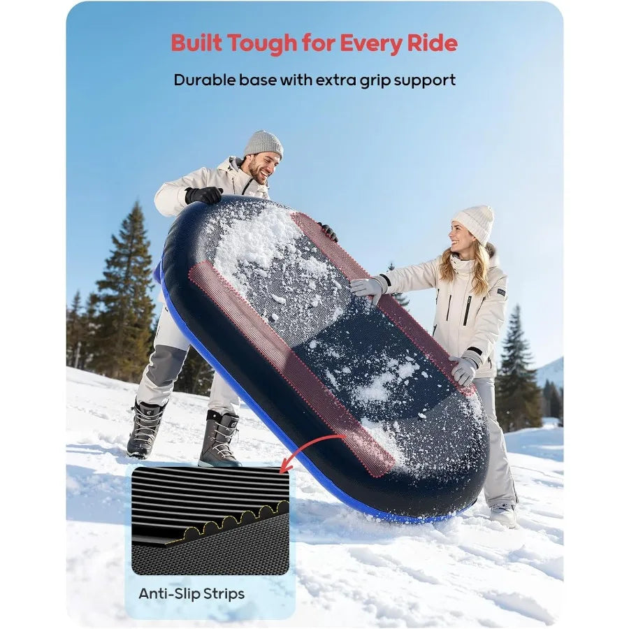 2-Person Inflatable Snow Tube with Dual Backrests & Tow Rope, Heavy Duty Canvas-Covered Blow Up Snow Sled with Handles, Fast Inf