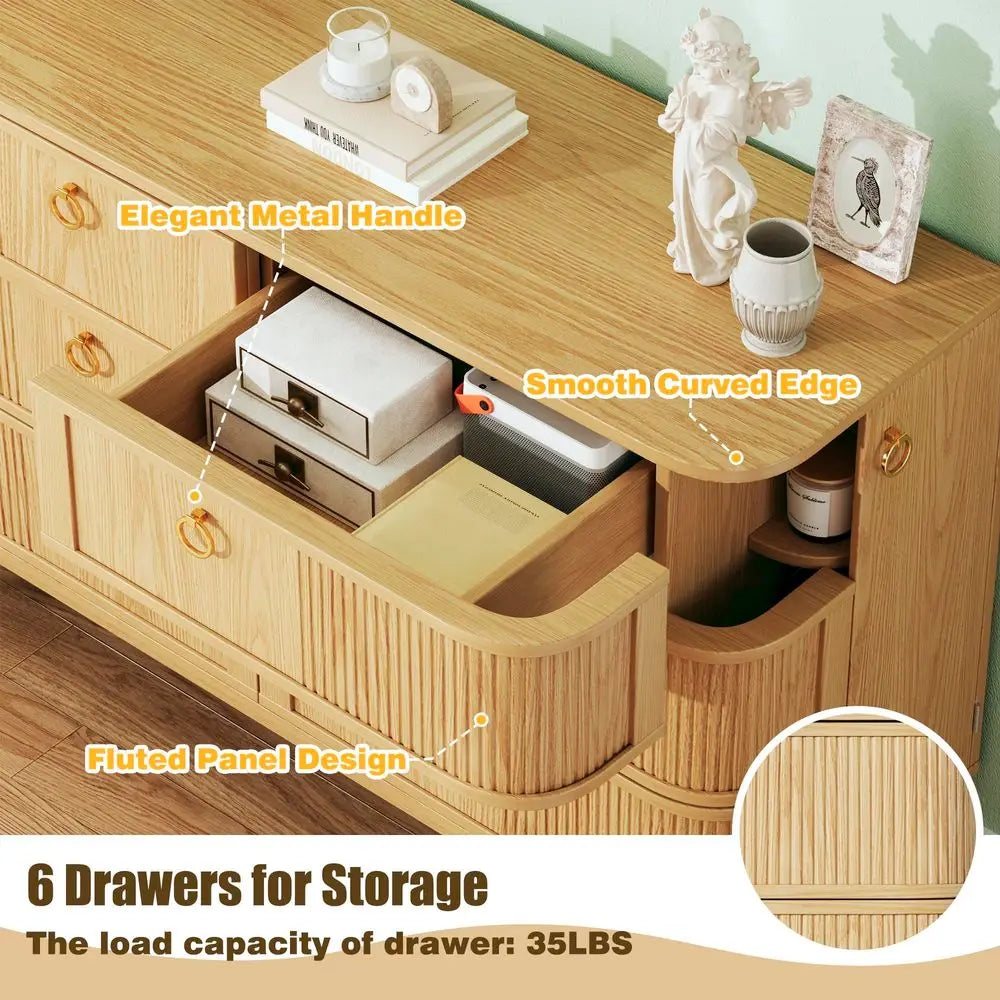 6 Drawer Dresser for Bedroom, 43 Modern Chest of Drawers with Metal HandlesampWood Legs, Curved Profile Design, Rattan Dresser f