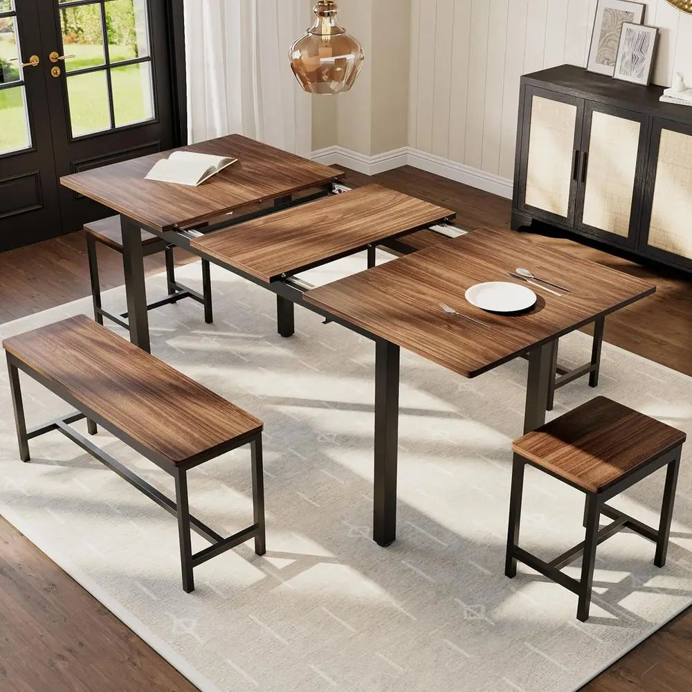 5-Piece Dining Table Set or 4-8 People, 63 in Large Exble Kitchen Table Set with 2 Benches and 2 Square Stools, ern Dining Room