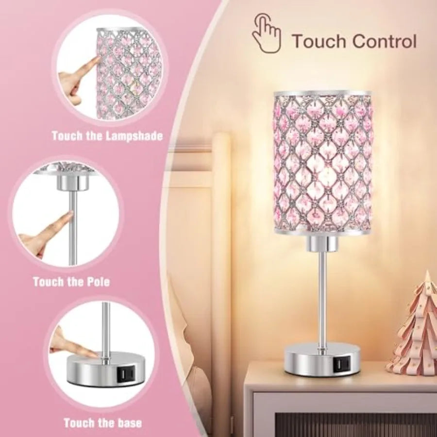 Crystal Table Lamp Touch Lamp with USB C+A Ports Dimmable Lamp with Crystal Shade Bedside Lamp Small Lamp for Girl Bedroom Livi