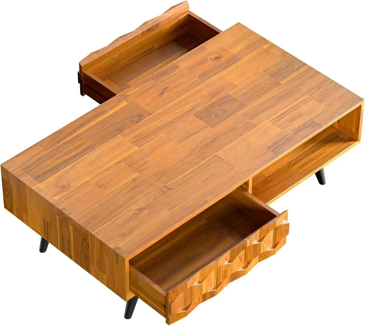 BestsellerSolid Wood Coffee Table, 2 Drawers & Open Shelves, Mid Century Modern Center Table, 110 cm, Teak Brown, Pre-Assembled