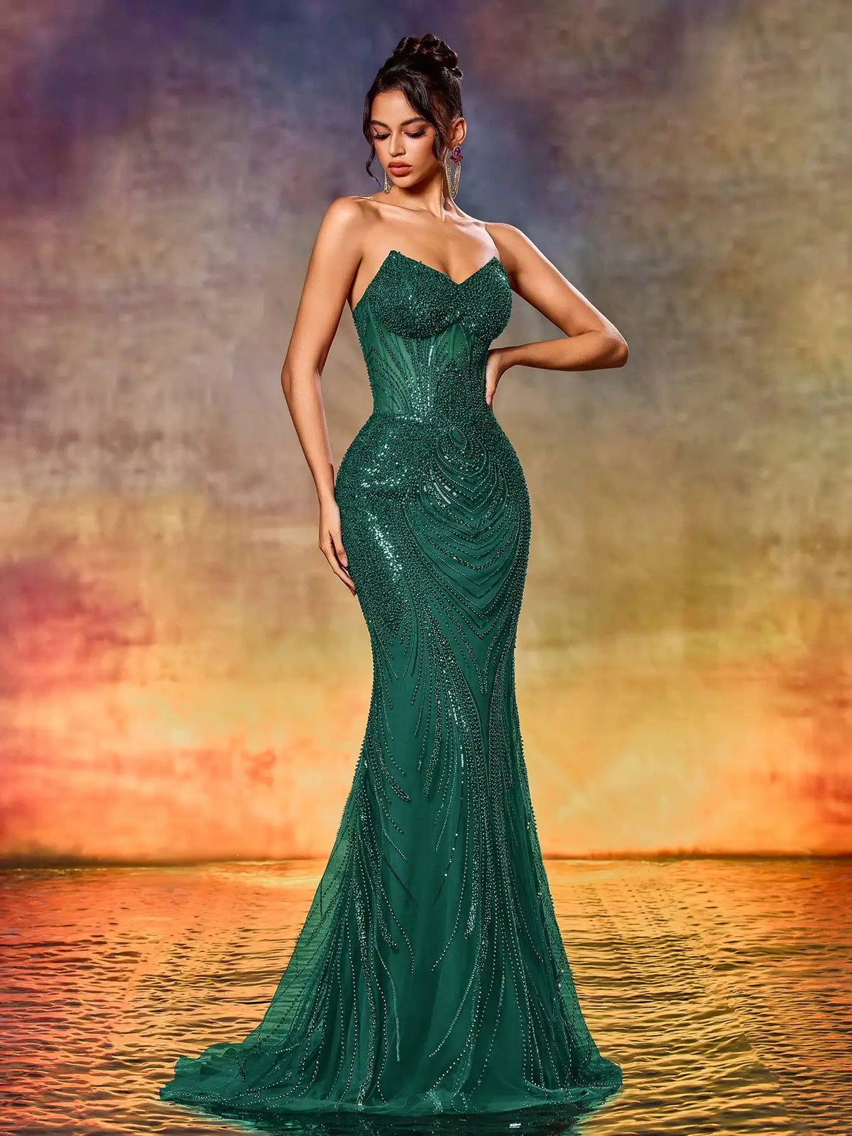 Elegant Strapless Beaded Mermaid Evening Gown For Formal Party Wedding Guest