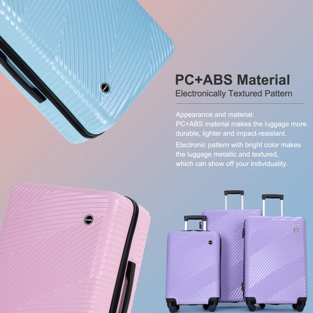 3 Piece Luggage Sets PC+ABS Lightweight Suitcase with Two Hooks Spinner Wheels(20/24/28) Light Purple