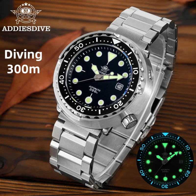ADDIESDIVE Men's Luxury Diver's Watch 300m 316L Stainless Steel Super Luminous BGW9 Tuna Automatic Watch Men's Gift Clock AD2522