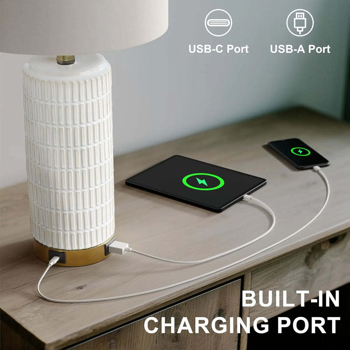 Dimmable Touch Bedside Lamps with USB A+C Ports, Modern Ceramic Design for Bedroom and Living Room
