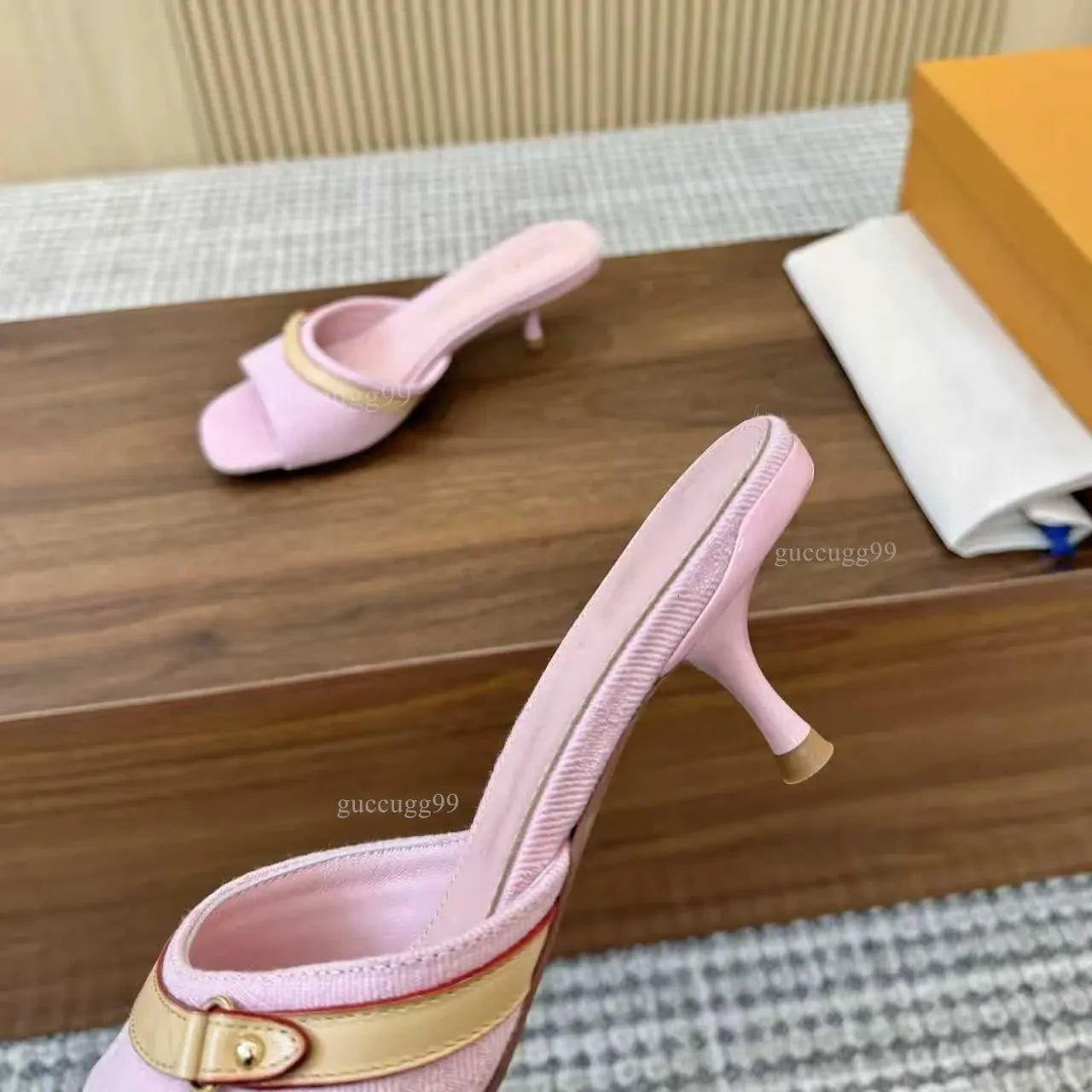 designer womens pink denim 3cm 6cm mules Signature Leather outsole models stiletto heel feminine style casual mule sandals