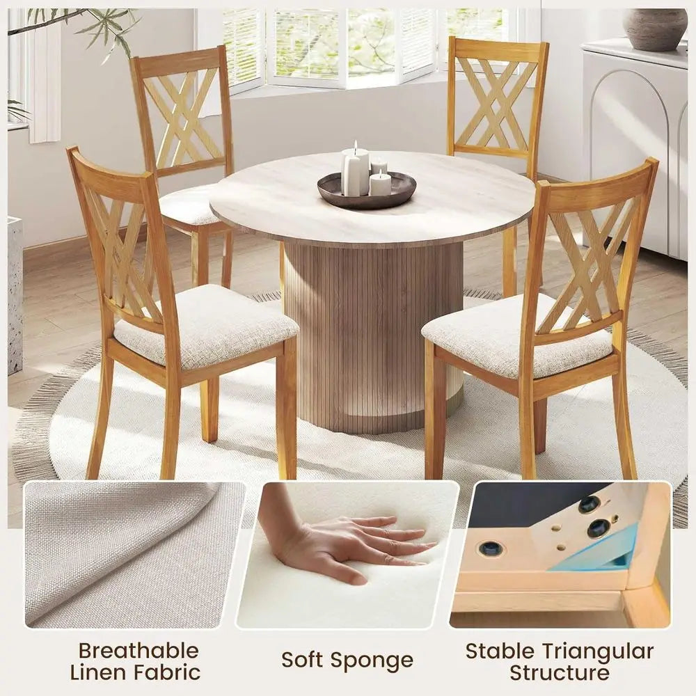 Set of 2 Wooden Dining Chairs with Fabric Padded Seats, High Back, Suitable for Home and Restaurant Use, Natural Finish