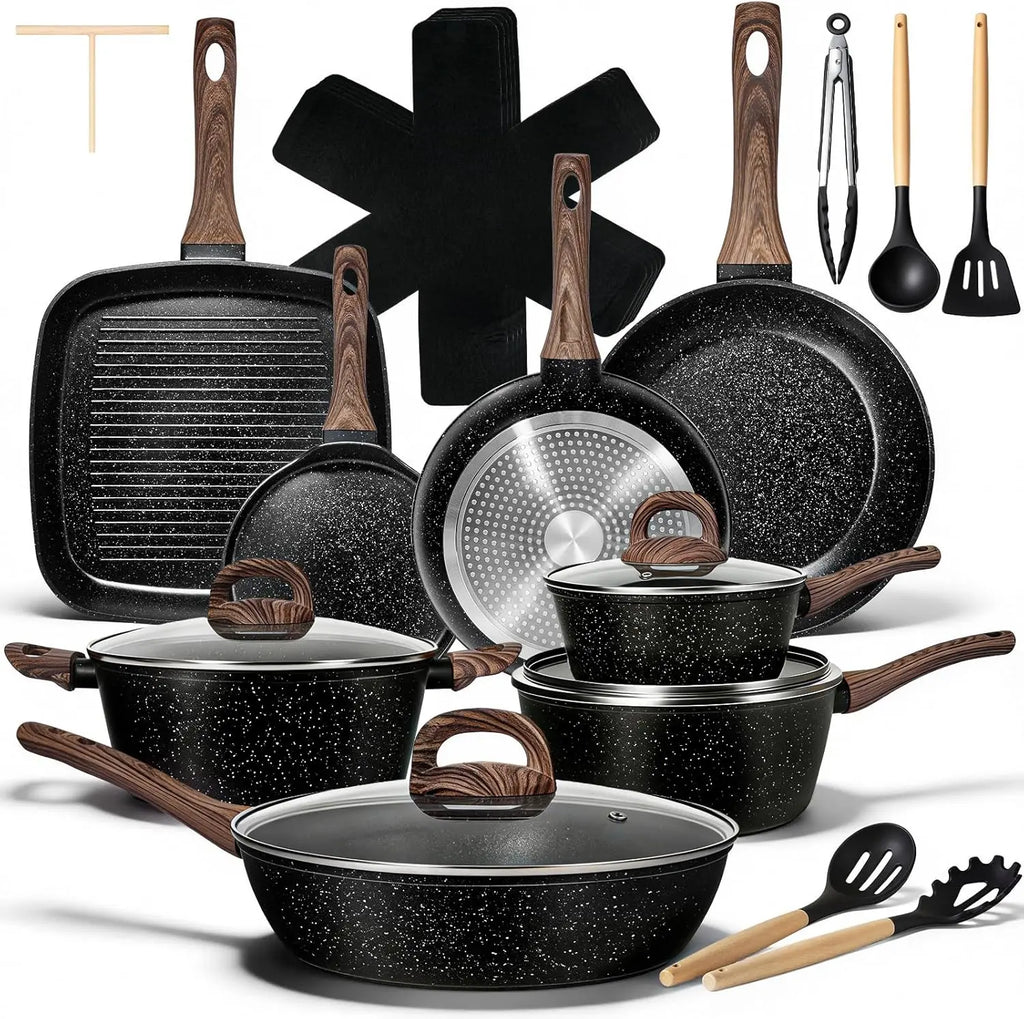 25-Piece Nonstick Ceramic Cookware Set, Healthy & Induction Compatible, PFAS-Free, Classic Black