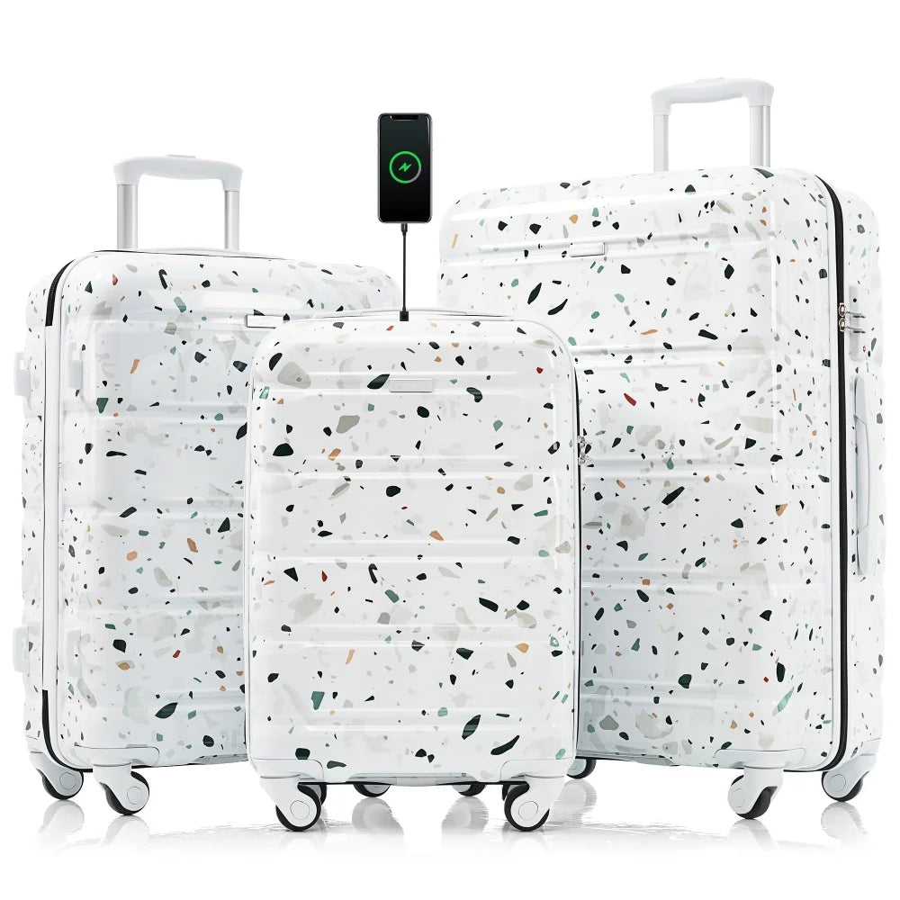 Luggage Set of 3 20-inch USB Port  Airline Certified Carry-on Luggage ABS+PC Hard Shell Luggage Spinner Wheels,starry Sky White