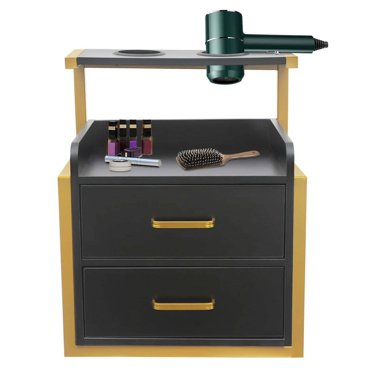 Barber Tool Storage Cabinet, Salon Wall Cabinet Wall Mounted, 2 Drawers Hair Salon Organizer Gold Black, High Capacity 110lbs