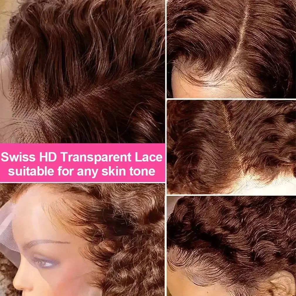 250%Density 28 Inch Chocolate Brown Curly Wigs 13x6 HD Lace Front Wigs Human Hair  Brown Deep Wave Lace Frontal Human Hair Wigs