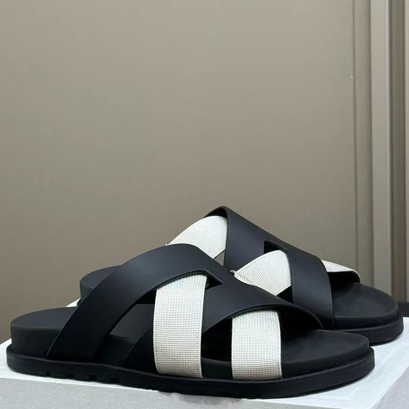 2026 Spring and summer braided calfskin functional sandals, suede color-block slippers, couple's vacation beach slippers