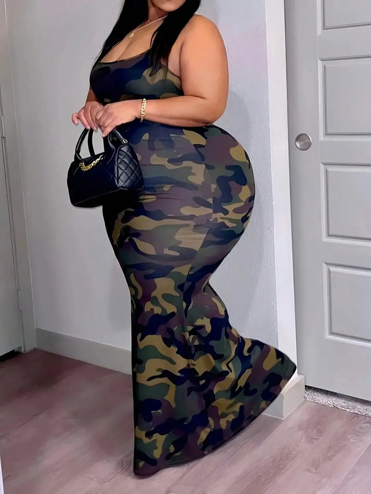 Plus Size Fitted Camouflage Print Slip Dress for Women