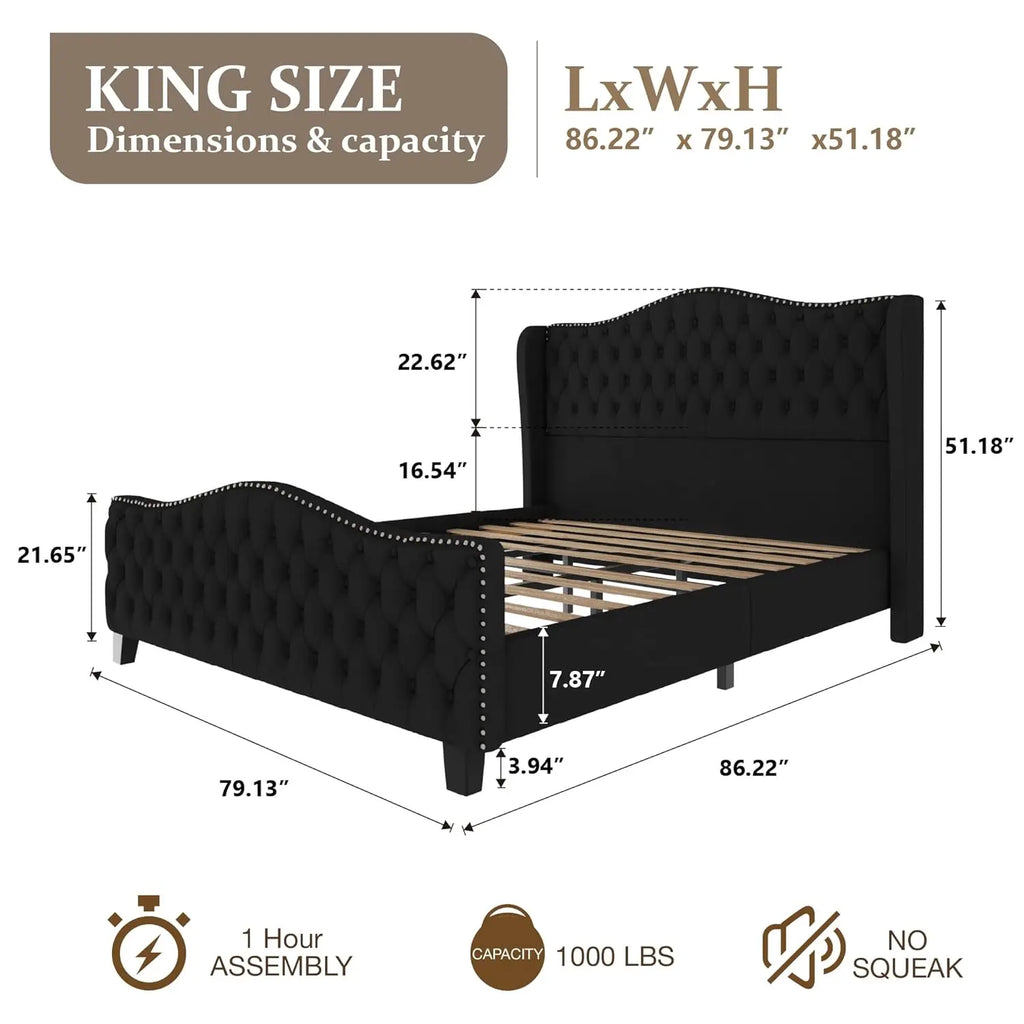 King Size Platform Bed Velvet Wingback Headboard Footboard Deep Tufted Nailhead Trim No Box Spring 51.2" Tall Black Customized