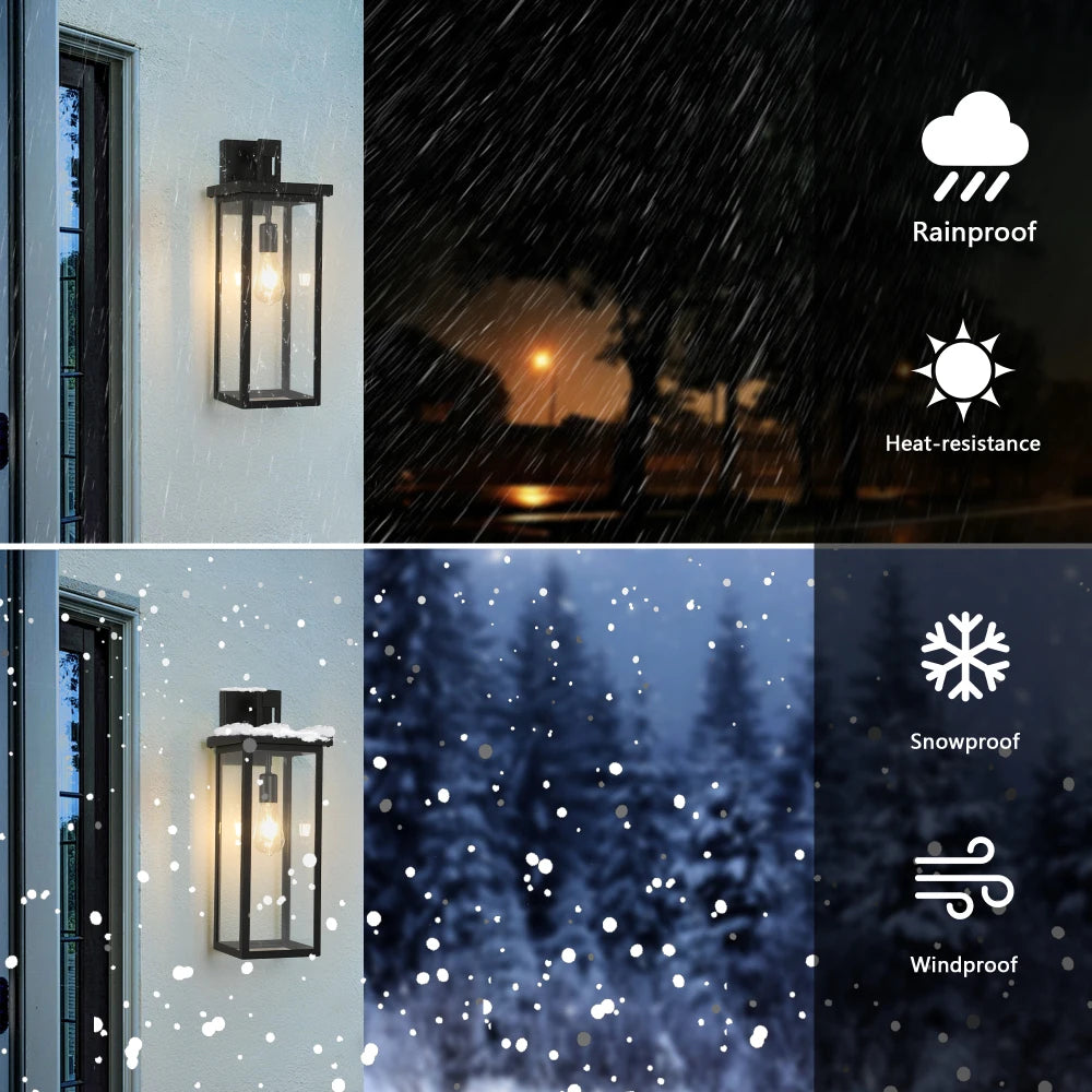 20"(H) Set of 2 Modern Outdoor Wall Sconces Black Frame Clear Glass Weatherproof Porch/Garage E26 No Bulbs