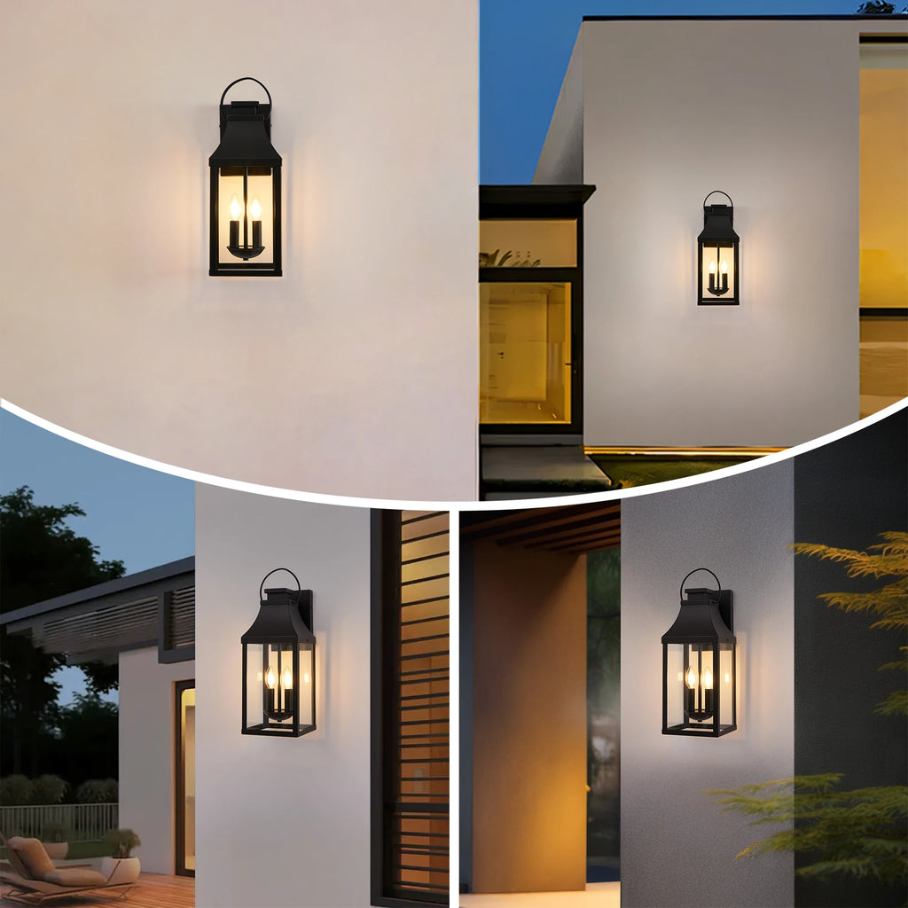 20" 2-Light Outdoor Wall Lantern Black Metal Clear Glass E12 Base Weatherproof for Porch Garage Exterior Hardwired 120V No Bulbs