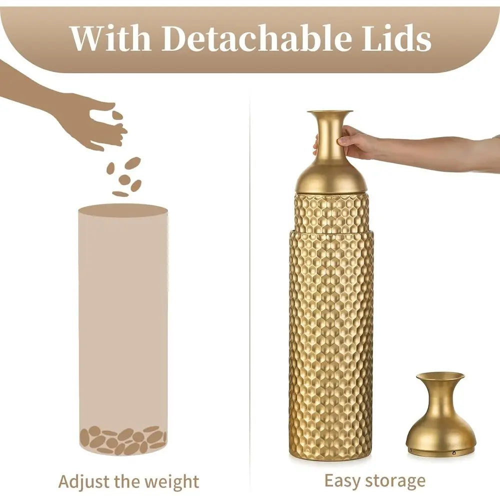 Tall Gold loor Vase: 27in Large Metal loor Vase Decorative Tall - Set o 3 ern eycomb Texture Big Standing Vases or Living Room D