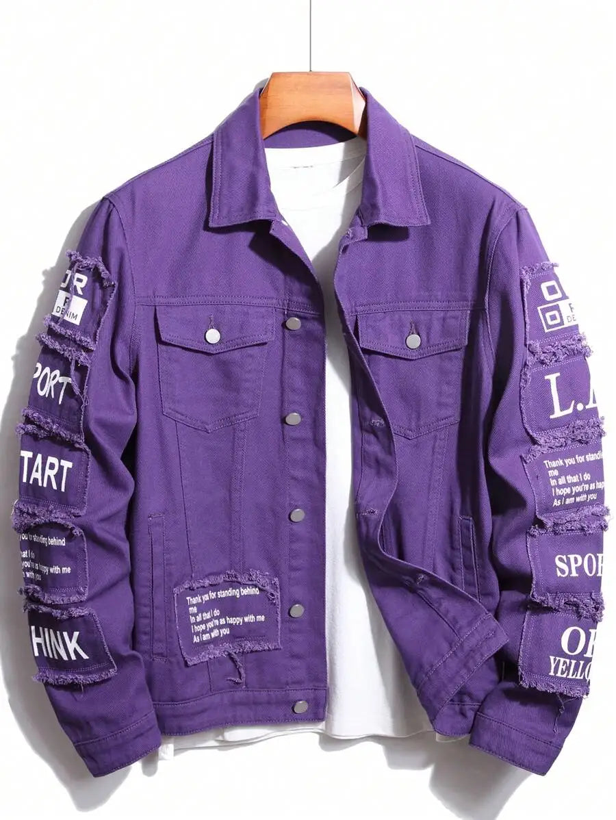 Men's Yellow Distressed Denim Jacket with Slogan Patches, Long Sleeve, Casual Fall Wear