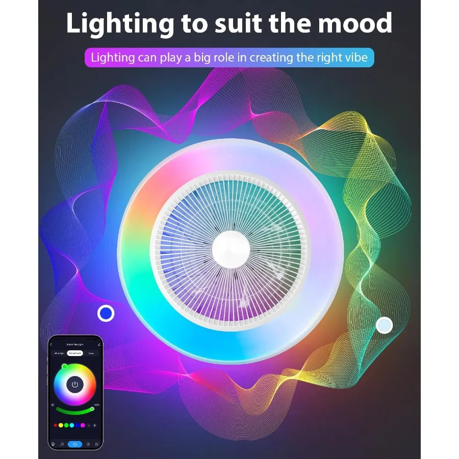 2in1 Low Profile Ceiling Fan with Light 20 Caged Safety Design for RGB Color Smart APP Remote Control Quiet Flush Mount DC Moto