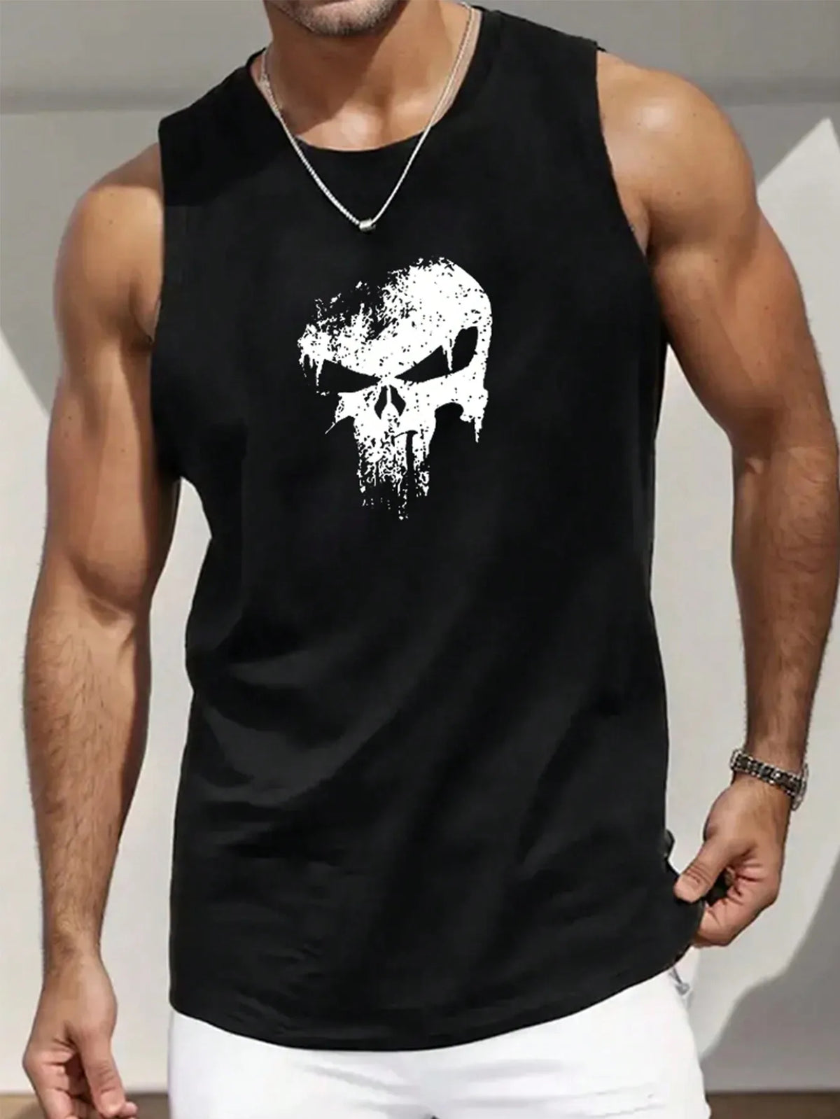 Men's Black Sleeveless Tank Top with Distressed Skull Graphic Print, Casual Summer Wear